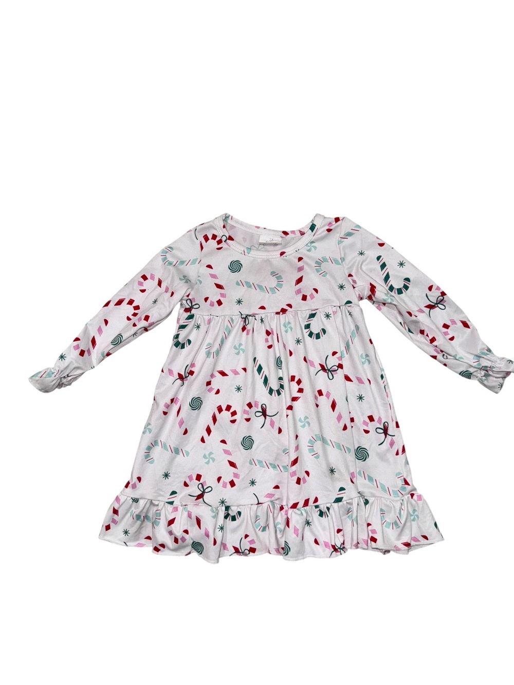 White Candy Cane Print Long-Sleeve Kids Dress
